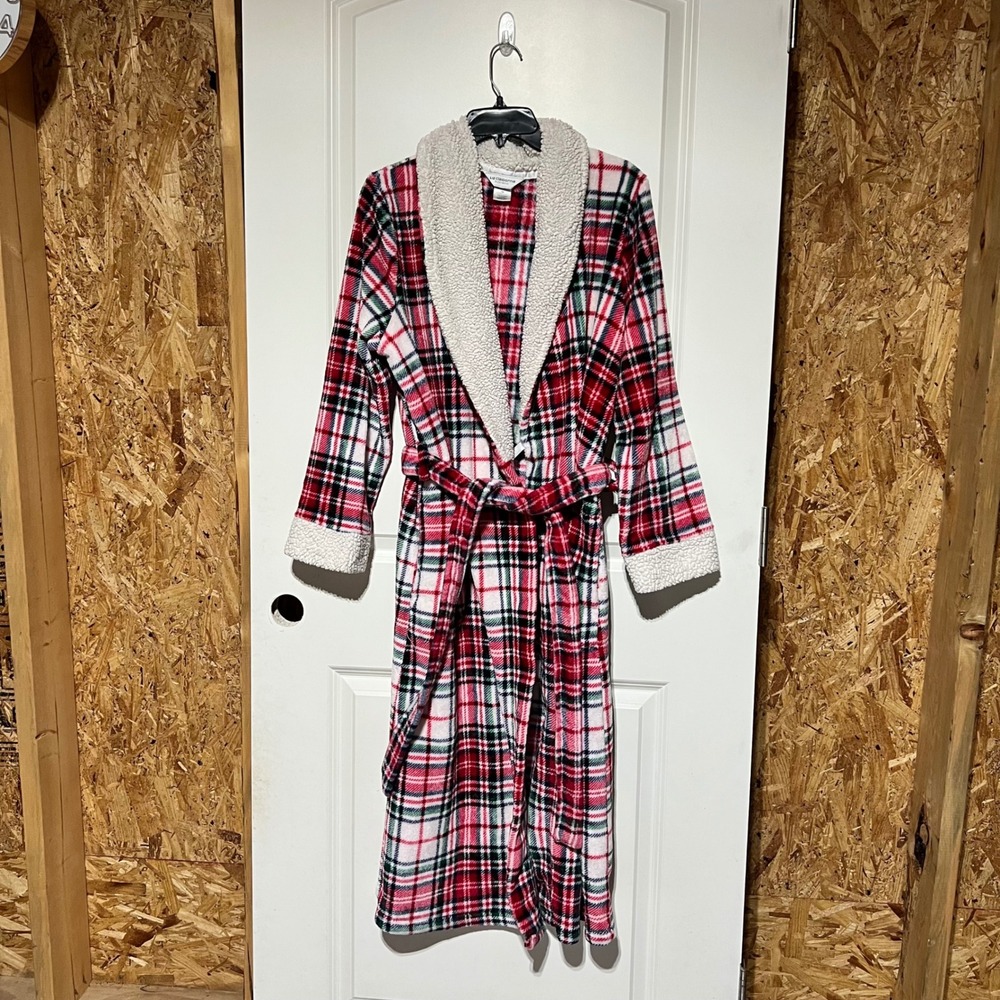 Liz Claiborne Sleepwear Red Plaid Sherpa Trim Plush Wrap Robe Medium 11-28-332-A